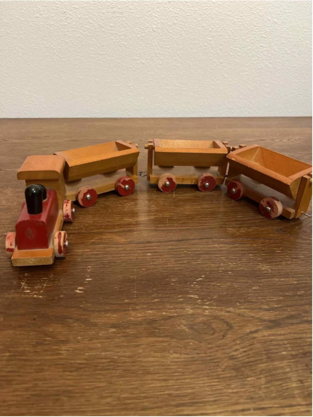 Vintage Handmade Wooden Toy Train Set Engine & 3 Rotating Bucket Cars Red Wheels